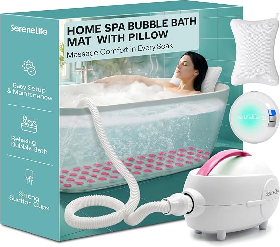 SereneLife Bubble Bath Mat - Portable Spa Bubble Bath Massager with Waterproof Bath Light & Pillow, Adjustable Bubble Intensity, Easy Button Control, Remote Control (Pink)