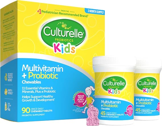 Culturelle Kids Multivitamin + Probiotic Chewable, Ages 3+, 90 Count | #1 Pediatrician-Recommended Brand Digestive Health, Oral & Immune Support*, 11 Vitamins & Minerals, Fruit Punch Flavor