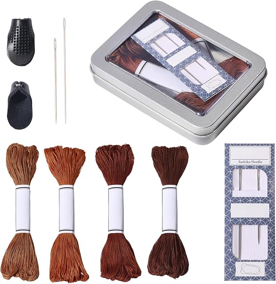 FREEBLOSS Complete Sashiko Set with 4 Colors Sashiko Thread 2 Needles 2 Adjustable Thimble Sewing Tools for Hand Sewing Thread and Needles Thimbles for Beginner(Brown)