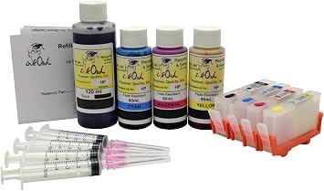 InkOwl Refillable Cartridge Replacement for HP 564, 564XL 4 Color + 120mL Black, 60mL Cyan, Magenta, Yellow USA-Made Fade Resistant Ink