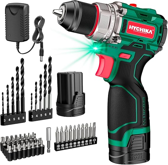 HYCHIKA Drill Set, True Brushless Power Drill Driver 16.8V Cordless Compact Drill Woman Man,410 IN-LB, LED Light,2 Variable Speed 23+1 Torque 3/8" Keyless Chuck, 1 Lithium-Ion Battery