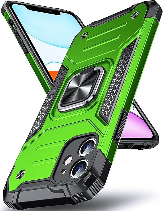 DASFOND Armor Case for iPhone 11 Case with Camera Protection Military Shockproof Mobile Phone Case [Upgrade 2.0] 360 Degree Metal Ring Holder Stand Protective Case [for Mobile Phone Holder Car Magnet] 6.1 Inches Green