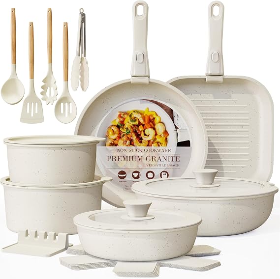 Astercook 23 Pcs Pots and Pans Set Non Stick, Ceramic Cookware Set Detachable Handle, RV Kitchen Cooking Set Removable Handles, Oven Safe, Induction Ready, Stackable, Cream, Fathers Day Gift for Men