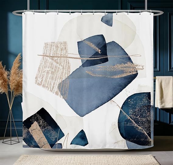 Navy Blue Gold Abstract Geometric Bathroom Shower Curtain 72Wx84L