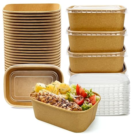 50 Pack Paper Meal Prep Containers with Lids, 20 oz Disposable and Compostable Take out Food Containers Rectangular to Go Paper Bowls for Leftovers, Salad, Soup, Snack