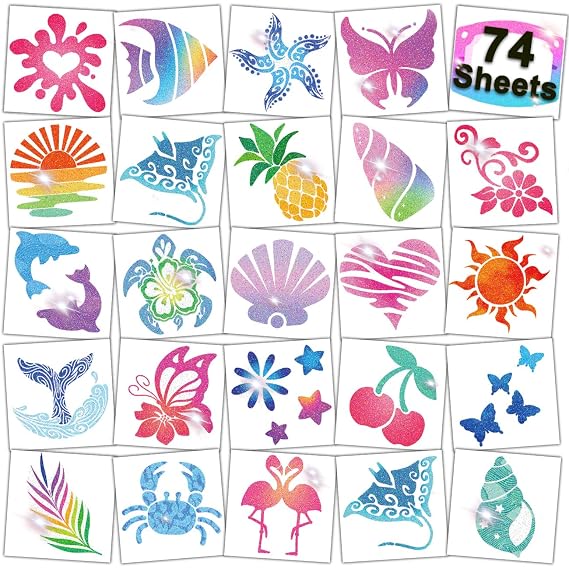 CHARLENT Glitter Temporary Tattoos for Aloha Party Decoration - 74 Individually Sheets Glitter Summer Tattoos for Kids Women Hawaiian Party Favors