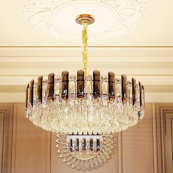 LUVODI Modern Luxury Round Crystal Chandelier: 40cm 3-Tiers Ceiling Hanging Pendant Light with 6 Bulbs - Contemporary Lighting Fixture Lamp for Kitchen Island Bedroom Transparent Grey [Energy Class E]