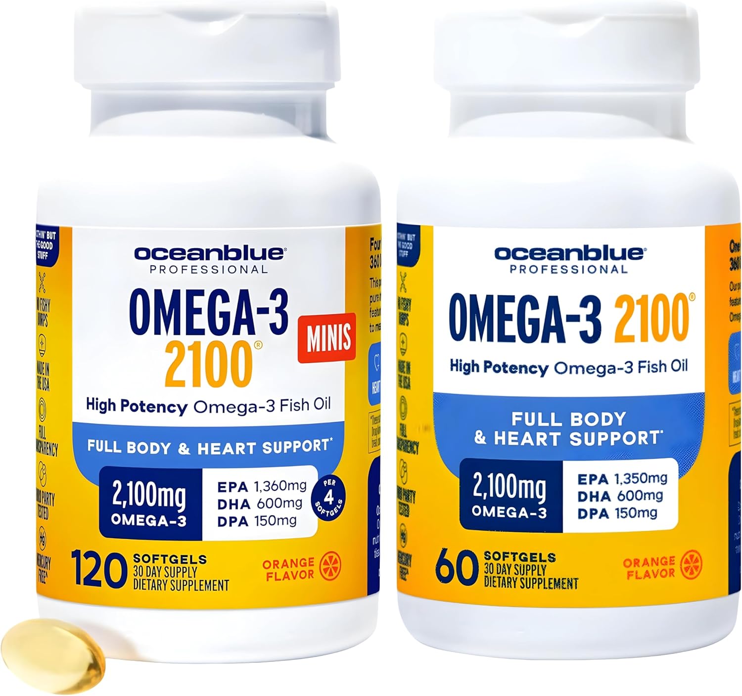 Oceanblue Omega-3 2100 Advanced Duo – Triple Strength Fish Oil with EPA, DHA, DPA – 120ct Minis  60ct Softgels – Heart & Brain Support – Orange Flavor 2 Pack