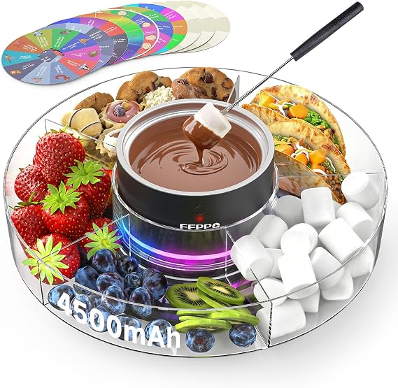 FEPPO Cordless Electric Fondue Pot Set with Mood Light, 2*4500mAh Rechargeable Battery Powered, 7 Game Cards & Detachable Taco Serving Tray, Melted Chocolate Cheese for Outdoor Indoor Parties Camping