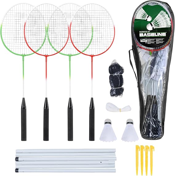 Baseline Badminton Racket Set, Racquets and Shuttlecocks, 4 Player with Net and Poles, Complete Set