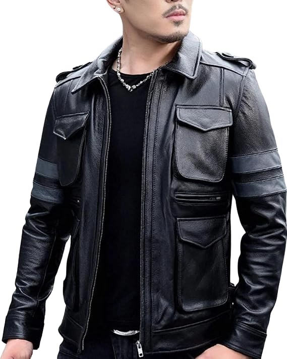Mens Leon Kennedy Black Biker Handmade Scott Riding Lambskin Leather Jacket
