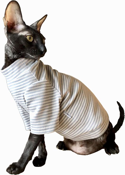 Cat Clothes Sweater Grey Light Stripes Sphynx Kitten Warm Hairless Pet (XS)