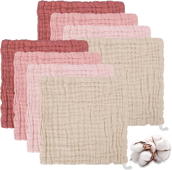 8 Pack Muslin Cloths for Baby, Burp Cloths Muslin Squares 100% Soft Cotton | 6 Layer Baby Muslins, 25x25cm Absorbent Burp Cloths for Newborn, Gentle Reusable Washable Soft Squares for Bath & Feeding