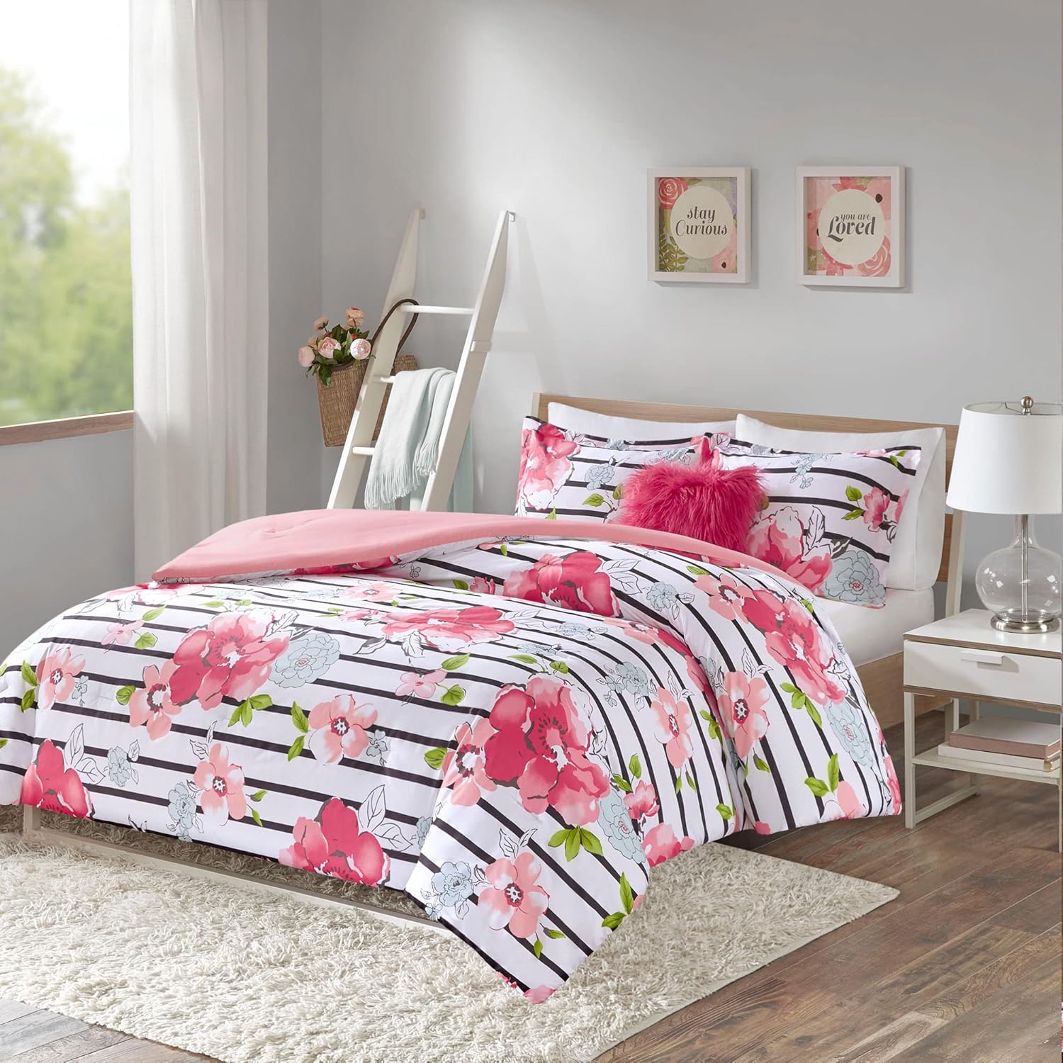 Comfort Spaces Zoe Comforter Set Printed Striped Floral Design with Faux Long Fur Decorative Pillow Bedding, Pink, TwinTwinXL, 3 Piece