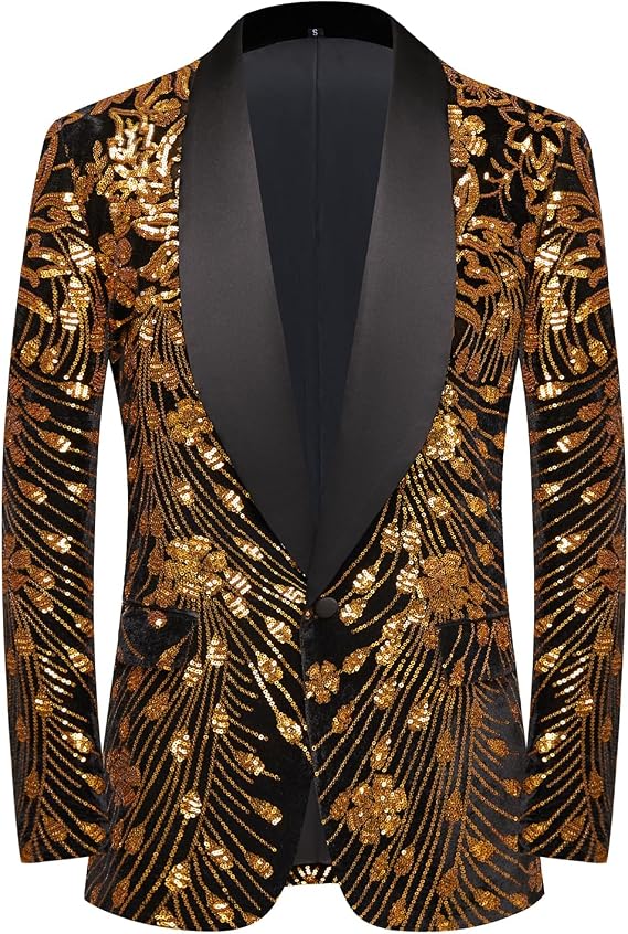 Men's Sequins Velvet Shawl Collar Blazer for Wedding Party Stage Dinner