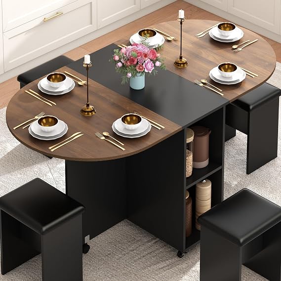 5 PCS Farmhouse Dining Table Set for 4,60" Large Round Folding Dining Table Set w/ 4 Leather Chairs, Drop Leaf Oval Modern Kitchen Table for Small Spaces,6 Wheels,2-Layer Storage Shelf,Walnut