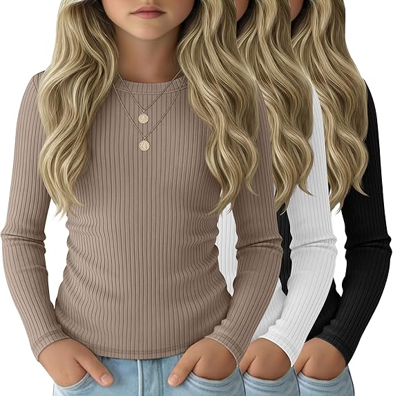 3 Pack Girls Long Sleeve Shirts Cotton Ribbed Knit Ruched Layer Tops Slim Fit Casual Undershirts Crewneck Tees
