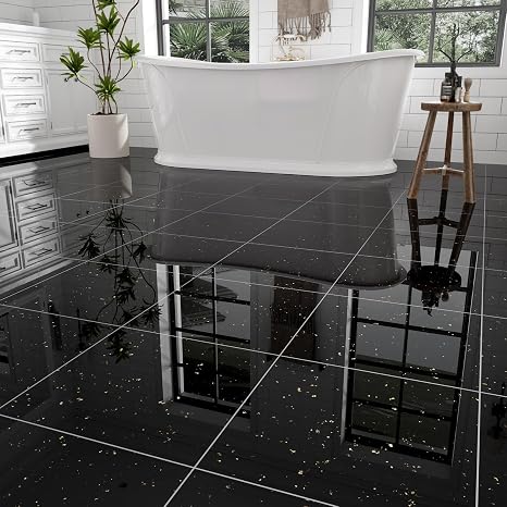 30-Pack 30 Sq.Ft Peel and Stick Floor Tiles Vinyl Glossy Pattern Flooring, 12 x 12 Self Adhesive Vinyl Flooring DIY for Kitchen, Bathroom, Laundry, Polish Black Galaxy Marble