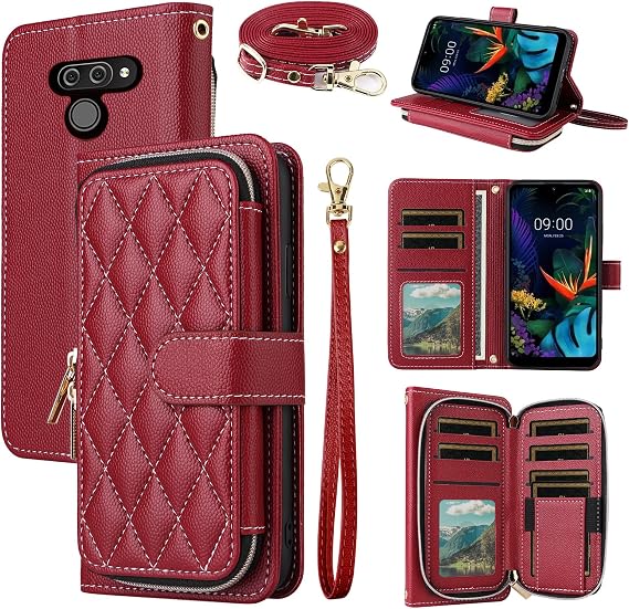 Argyle Wallet Case for LG K50/Q60/X6/K12 MAX Women Girls Red | Wrist Strap Shoulder Strap, Luxury PU Leather Zipper Purse, Flip Credit Card Holder, Stand, Phone Cover for LGK50case