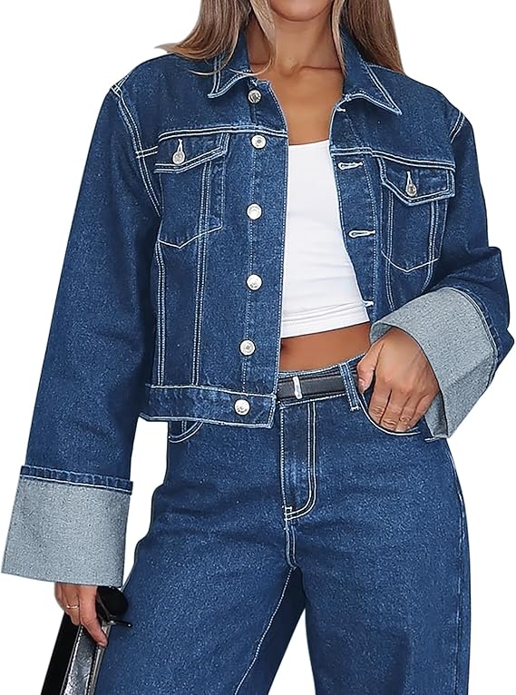 Denim Jacket for Women Button Down Crop Jean Jacket Outerwear Trendy