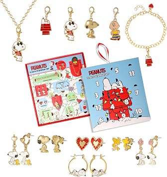 Peanuts Snoopy Jewelry Advent Gift Set 12 Piece Earrings Necklace Bracelet & Charms Mix & Match Christmas Calendar Set