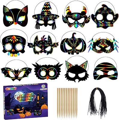 OHOME Halloween Games - 24 PCS Rainbow Scratch Mask | Kids Halloween Crafts Treats Toys Gifts - Magic Scratch Paper Party Favors Supplies Trick-or-Treat Activities Costumes Shirts Pajamas Makeup