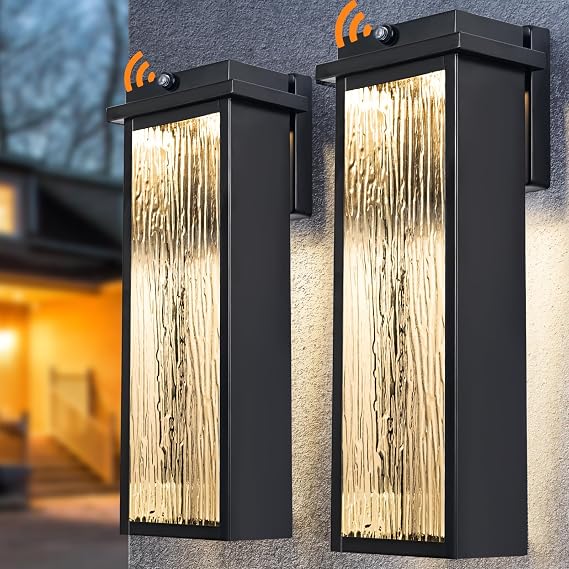 VenzBlomia 16" Dusk to Dawn Outdoor Lighting, Modern Outdoor Wall Lights | 2 Pack Black Exterior Lighting Fixtures Wall Mount, Water Rippled Glass, Soft Warm Glow, Outdoor Lights for House Porch