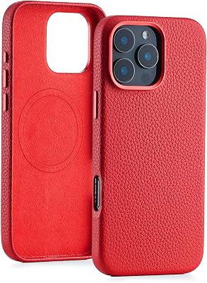 QUARK Genuine Leather Case for iPhone 16 Pro Compatible with MagSafe, Premium Grain Leather Protective Case for iPhone 16 Pro 6.3-inch, Metal Buttons and Camera Bezel, Ruby