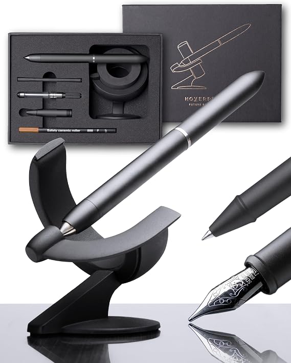 novium Hoverpen Future - Luxury Fountain & Rollerball Pen All-In Gift Box | Schmidt Nib (Fine), Converter, Extra Refill, Aerospace Metal, Best Pen Gift Set for Men & Women (Deep Black)