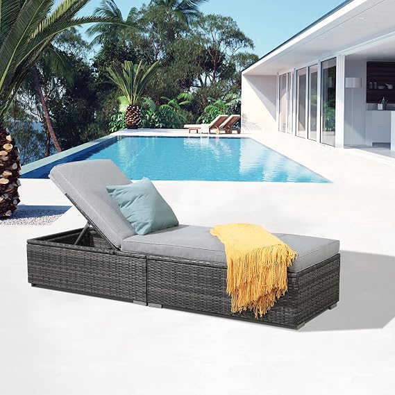 Patiorama Outdoor Patio Chaise Lounge Chair, Grey Wicker, Light Grey | Reclining Adjustable PE Rattan Lounge Chair Sun Lounger with Removable Cushion,Steel Frame for Poolside, Deck,Backyard,Beach