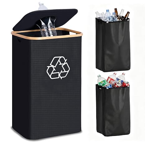 efluky Recycling Bin for Kitchen 26 Gallon, 100L Recycle Bin with 2 Removeable and Reusable Inner Bag, Large Recycling bin with lid for Bottle Can Plastice Stickers (Black)