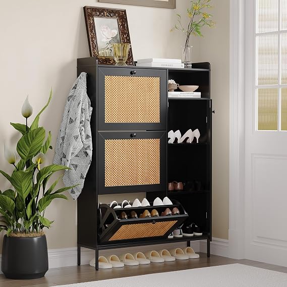 IDEALHOUSE Rattan Shoe Cabinet, Shoe Cabinets with 3 Flip Drawers, Free Standing Narrow Shoe Storage Organizer with Adjustable Shelves, Shoe Rack Cabinet for Entryway, Fence on Top, Black