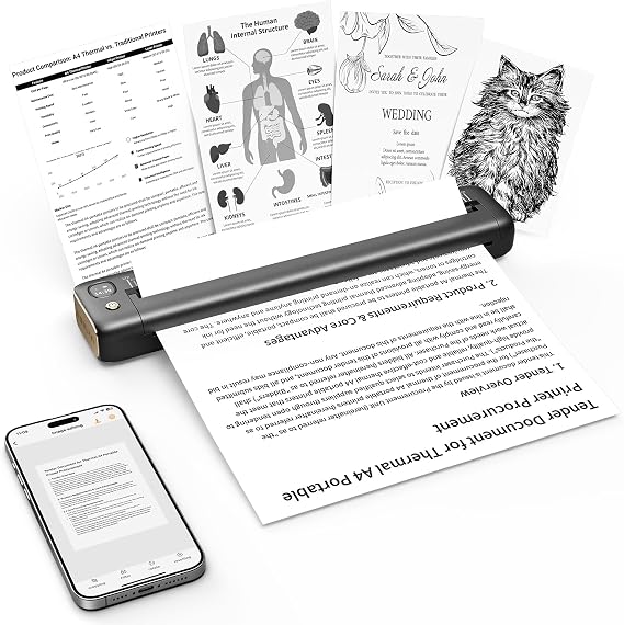 Rongta Portable Printer, Bluetooth Inkless Thermal Printer Wireless for Travel, Compatible with Android iOS Phone & Laptop, Supports 8.5" X 11" US Letter for Office, Home, Car, F81 (Gray)