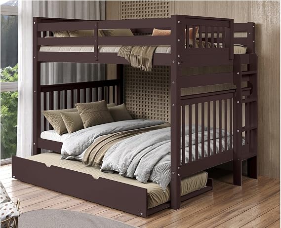 Bedz King Bunk Beds Full Over Full Mission Style, End Ladder, Twin Trundle, Dark Cherry
