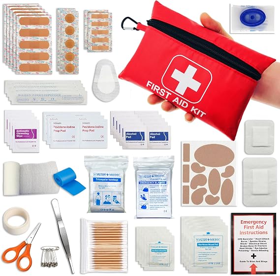 Small Emergency First Aid Kit Including 166 Pieces of Supplies to Clean, Treat, and Protect Minor Injuries for Outdoors, Camping, Auto, Home, and Workplace
