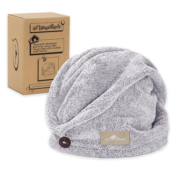 myHomeBody Hair Towel Wrap, Quick Drying Turban, Absorbent Cap Gray