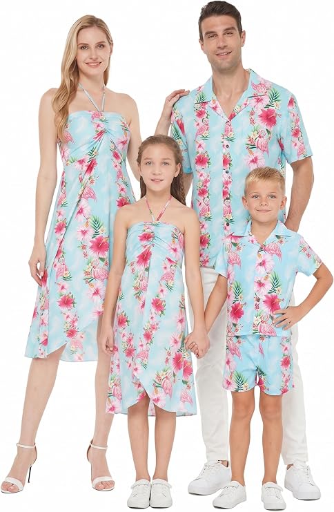 Hawaii Hangover Family Matching Clothes, Pink Hibiscus Vine Turquoise