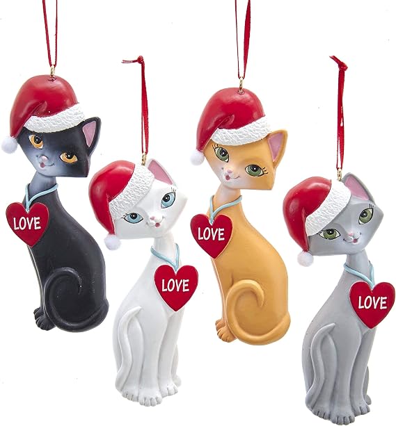 KSA Kurt Adler Cats in Santa Hats and Love Heart Collars Ornaments Set of 4 Assorted