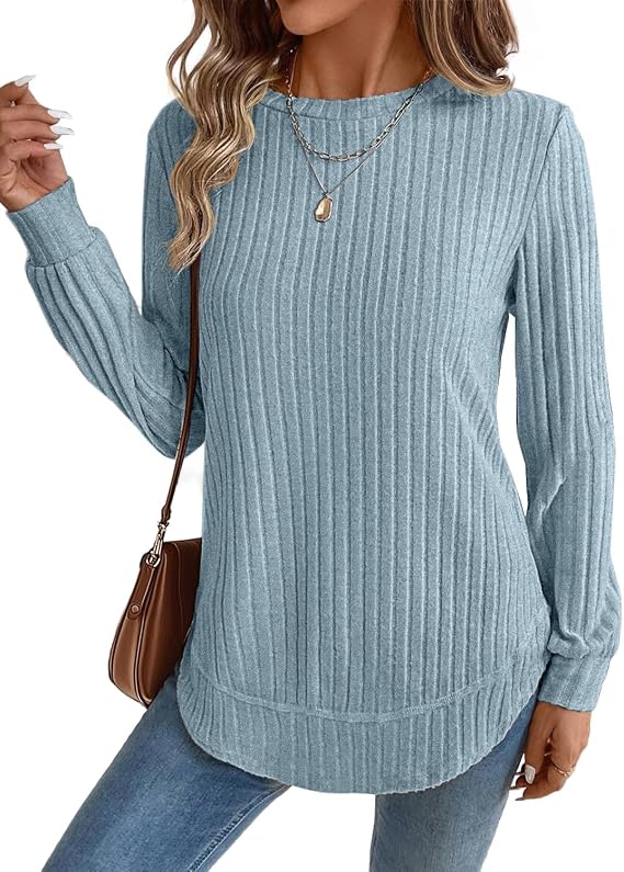 JUSTFASHIONNOW Womens Long Sleeve Tunic Tops Crew Neck Lightweight Sweaters | Shirts for Leggings, Fall Outfits, Loose Fit Dressy, Curved Hem, Business Casual, Trendy 2026