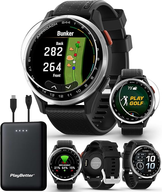 Garmin Approach S44 (Silver/Black) Golf GPS Smartwatch PlayBetter Bundle | 1.2" AMOLED Display, 43K+ Maps, Green View, 15H Battery | Includes 5000mAh Portable Charger & Screen Protectors