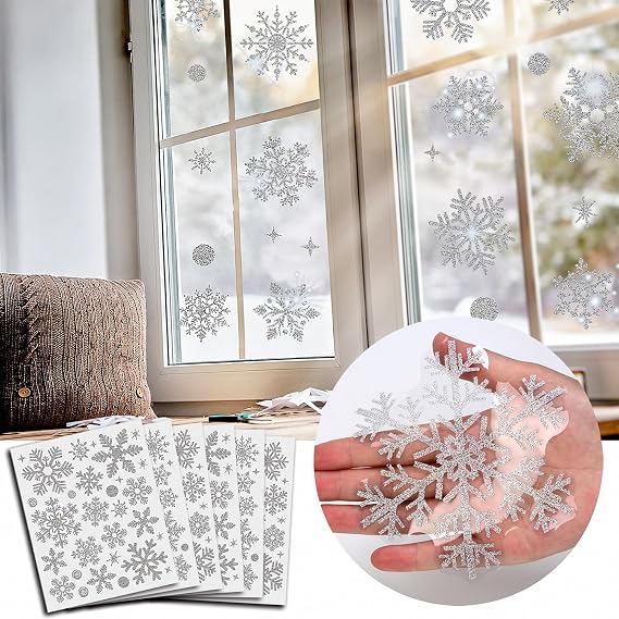 Taspire 190Pcs Glitter Snowflake Window Stickers Silver, Reusable Self Clings