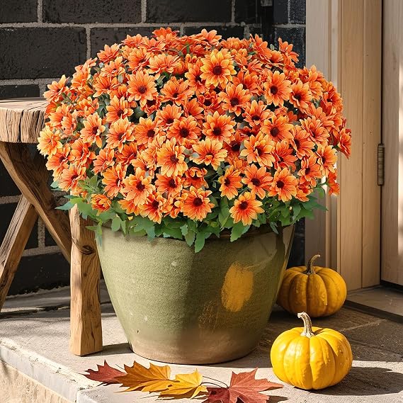 16Bundles 17"Artificial Fall Daisy Flowers Fake Mums for Front Door(Orange)