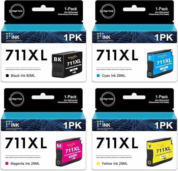711XL Ink Cartridges Combo Pack (4-Pack, 80-ml Black/ 29-ml Cyan/Magenta/Yellow) Replacement for HP 711 711XL Ink Cartridges with DesignJet T525 T530 T520 T130 T125 T120 T100 Printer