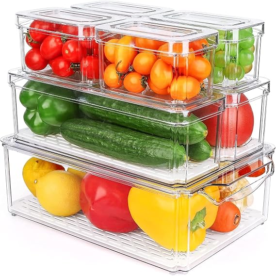 7 Pack Fridge Storage Containers with Lids,Clear Food Storage Boxes with Drain Tray,Stackable Fridge Organisers,Plastic Refrigerator Storage Bins Set for Kitchen,Pantry,Cabinet