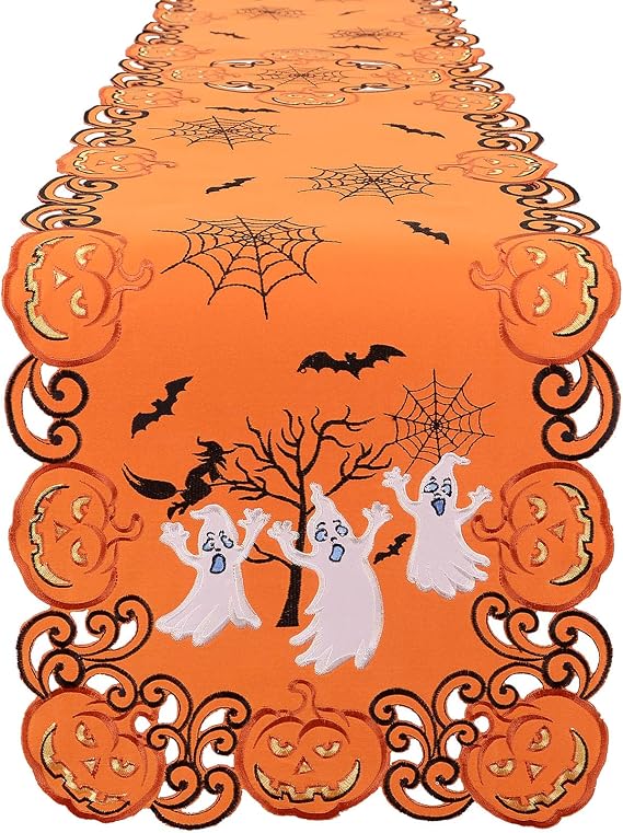 Simhomsen Embroidered Spooky and Scary Halloween Ghost Orange Table Runner (14 90 inches)