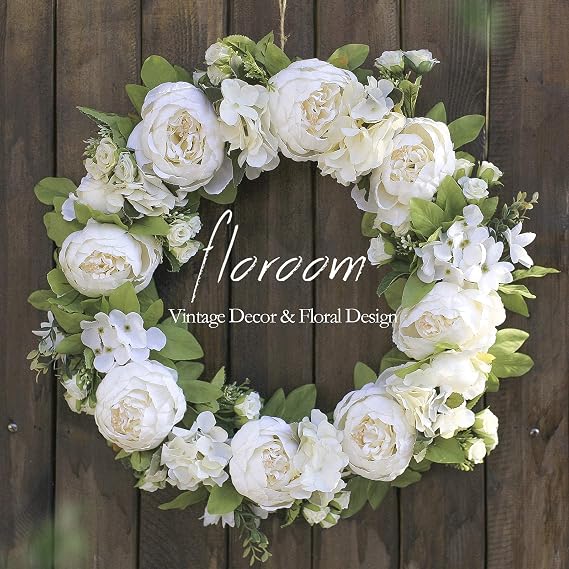 Floroom Floral Wreath, 20" Artificial White Peony Hydrangea Wreath for Front Door Wedding Decorations Wall Decor