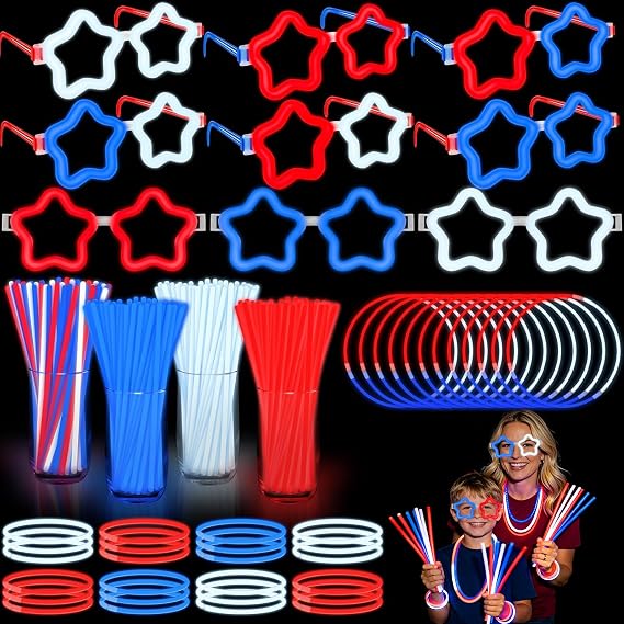 126 PCS 4th of July Glow Sticks Bracelets Necklaces with Connectors, 6 Red White Blue Glasses Glow in The Dark Party Supplies, Light Up Party Favors for Kids Adults, 250th Anniversary USA Accessories