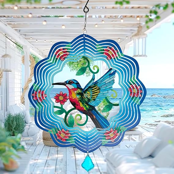 Hummingbird Metal Wind Spinners - 12 Inch Hanging Metal Wind Spinner for Outdoor & Indoor Decor, Hummingbird Kinetic Sculpture for Christmas Ornament Gifts, Yard Art and Garden Decorations