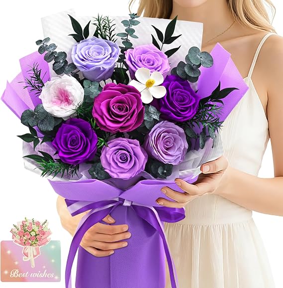 Forever Rose Flowers for Delivery, 8-Piece Preserved Roses Bouquet for Mothers Day Gifts, Long Lasting Purple Roses with Gift Box for Mom, Forever Flowers with Vase Birthday Gift for Her Wife