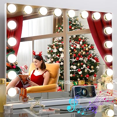 MISAVANITY Hollywood Vanity Mirror with Lights and Speaker, Hollywood Lighted Makeup Mirror with 18pcs Dimmable Bulbs, USB Charging and 3 Color Lighting Modes for Dressing Room Bedroom